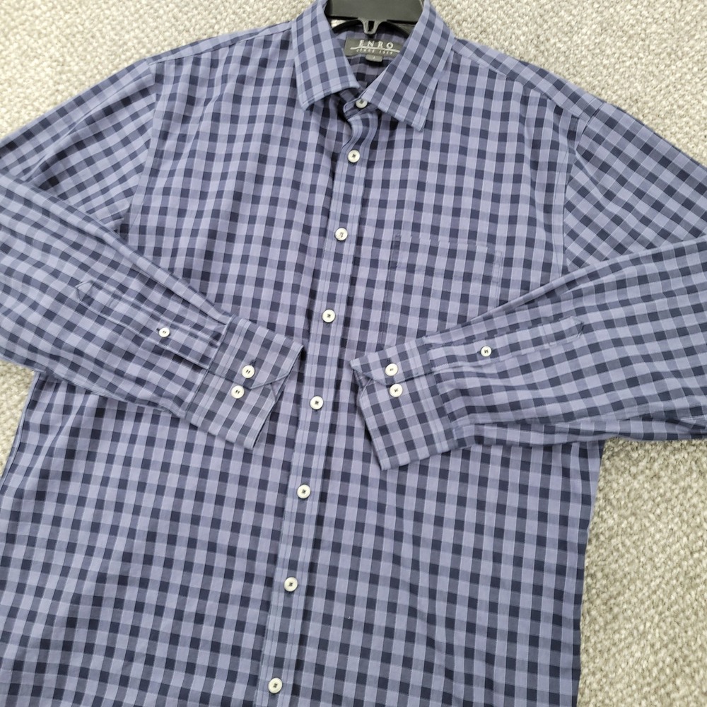 Enro Mens Large Non-Iron 100% Cotton Gingham Check Button Down Shirt Blue Navy